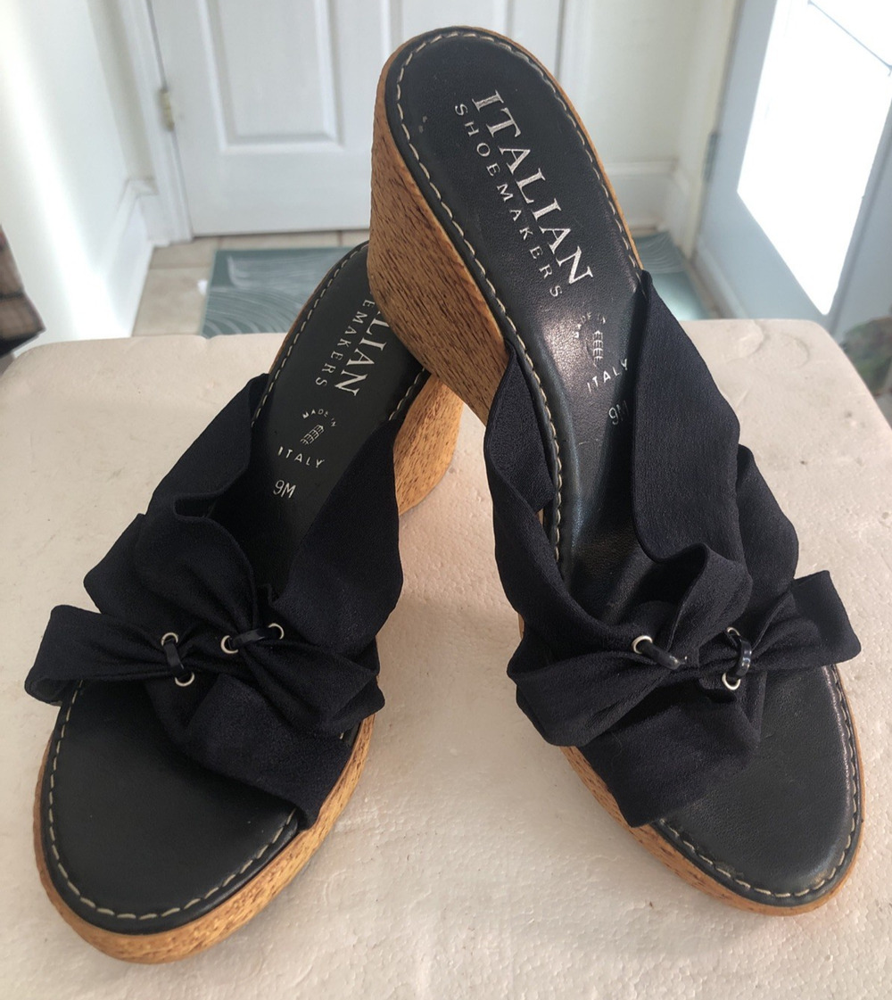 Italian Shoemaker Navy Blue cork look Wedge Sandle size 9M made in Italy Bow